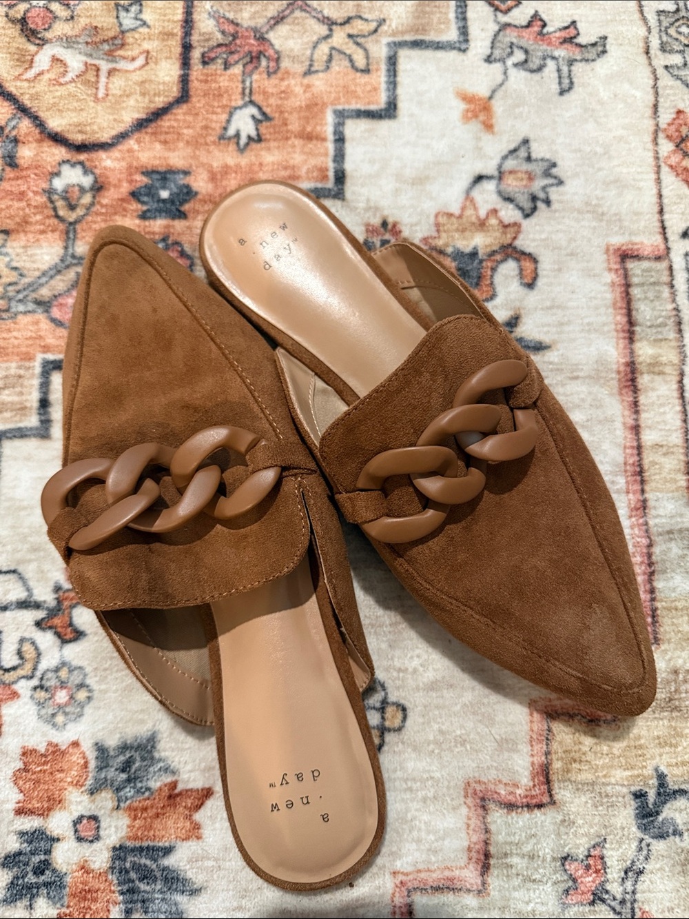 a new day Tan Suede Pointed Mule with Chunky Chain